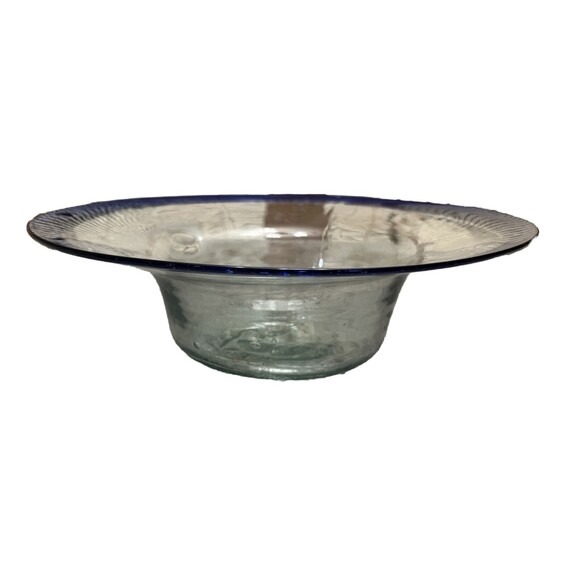 Cobalt Blue Rim Glass Bowl Handblown Mexican Serving Dish 11” Salad Chip Salsa - Picture 3 of 3